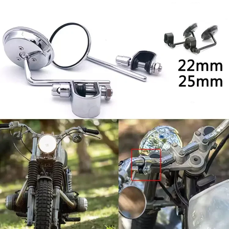 Paar Motorrad-Rückspiegel, Edelstahl-Spiegel, klassisch, Retro, Vintage, rund, Rückspiegel, universell, 22–25 mm