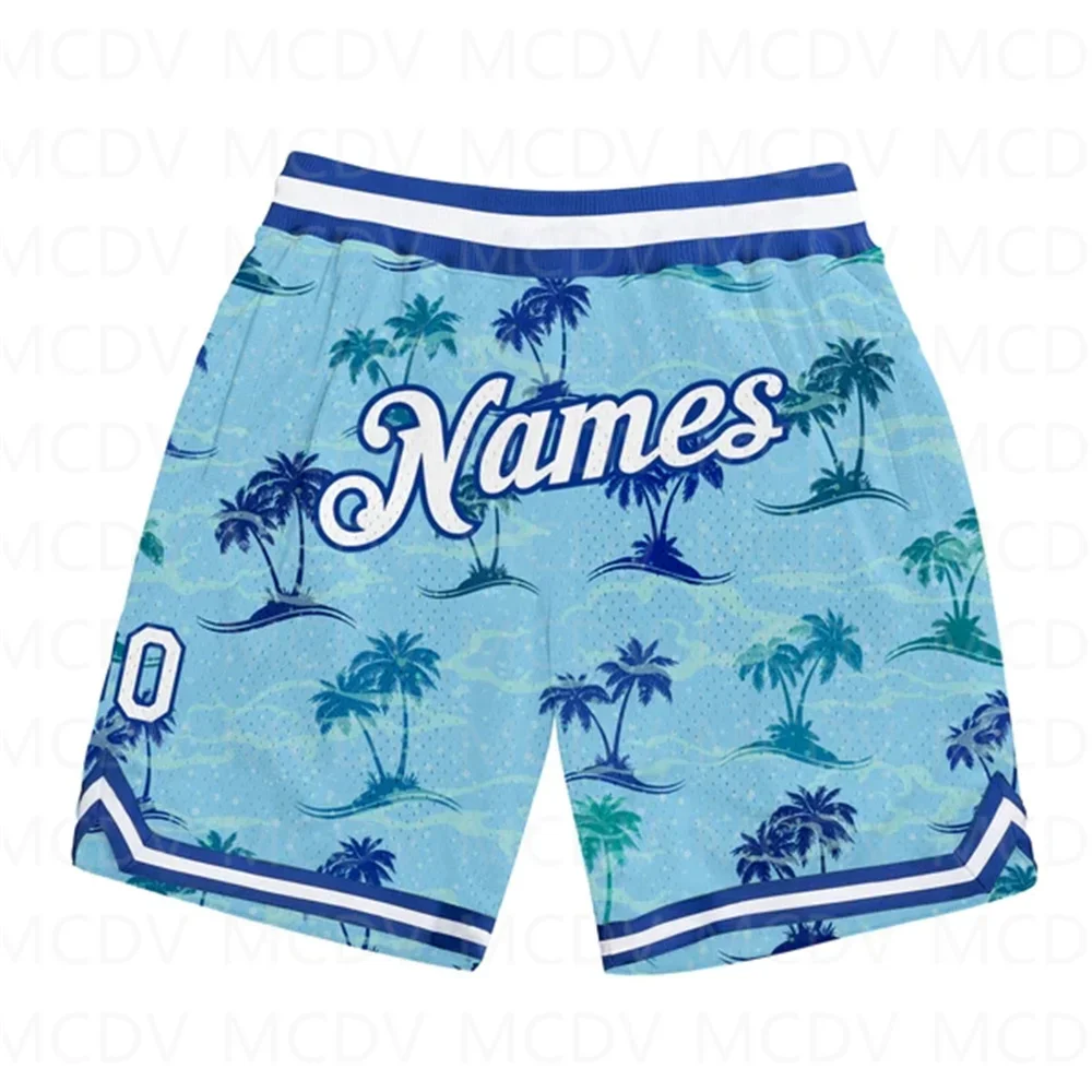 Shorts de praia masculino de secagem rápida, impresso em todo o basquete autêntico 3D, riscas brancas azuis claras personalizadas