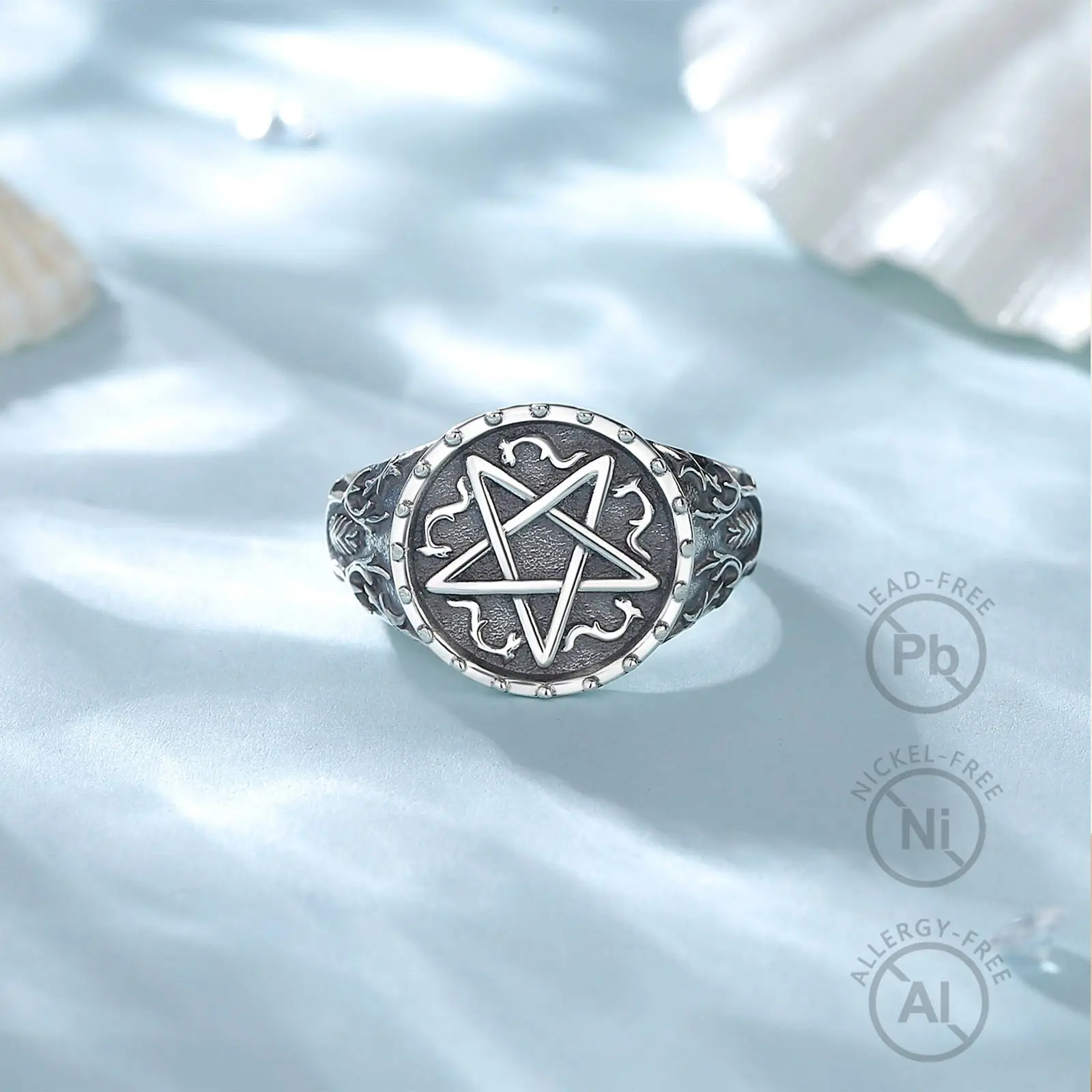 Eudora 925 Sterling Silver Pentagram Adjustable Ring for Men Vintage Amulet Guardian Star Tetragrammaton Ring Witch Jewelry Gift