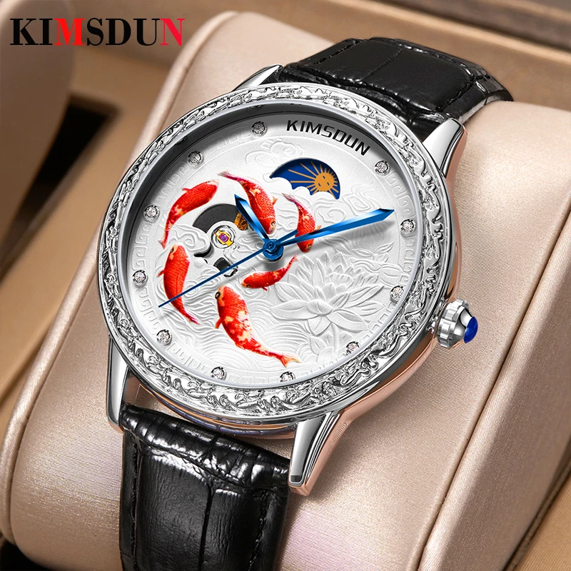 2022 Kimsdun Koi Automatic Mechanical Watch Men Luxury Brand Waterproof Genuine Leather Chinese Style Diamond Men Wrist Watches