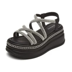 Hot Women Platform Bling Sandals New Summer 7CM High Heels Lady Crystal Wedges Beach Walking Shoes Slippers Sandalias Mujer