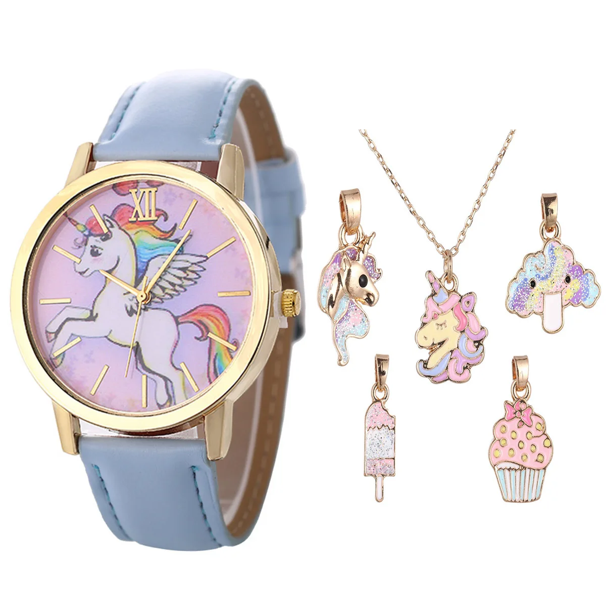 Kids Fashion Cartoon Unicorn Dial Belt Quartz Watch Necklace Combo Set Children's Watch Girl Gitf Women's Watches Girls Item