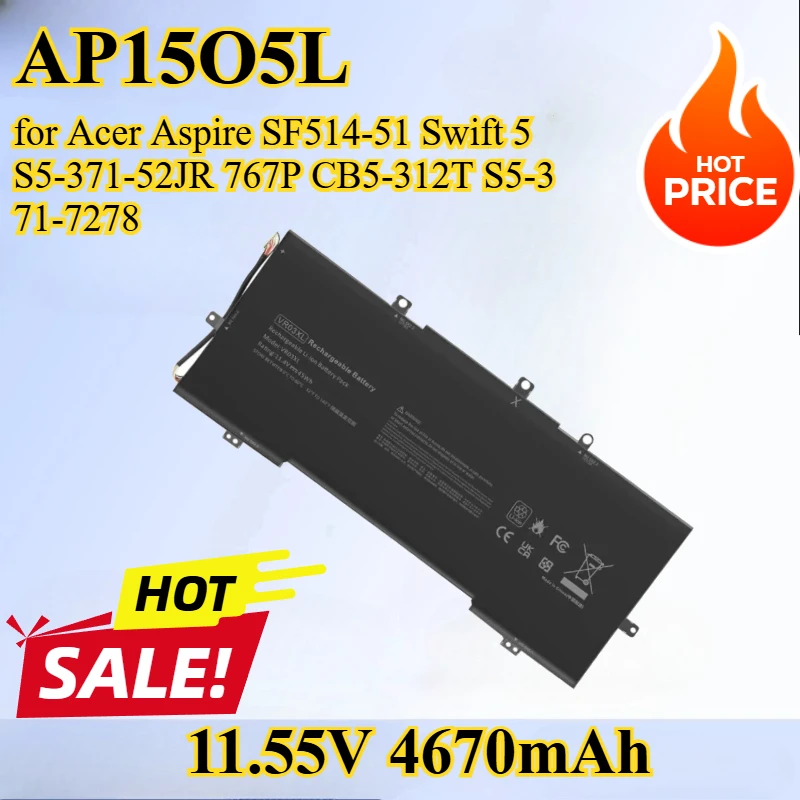 

AP15O5L AP1505L 53.9Wh Laptop Battery for Acer Aspire SF514-51 Swift 5 S5-371-52JR 767P CB5-312T S5-371-7278 AP1503K 11.55V