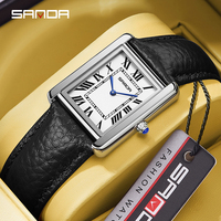 SANDA 1108 9031 Couple Quartz Watch Simple Fashion Small Square Silvery Clock Black Leather Strap Wristwatch for Men and Women