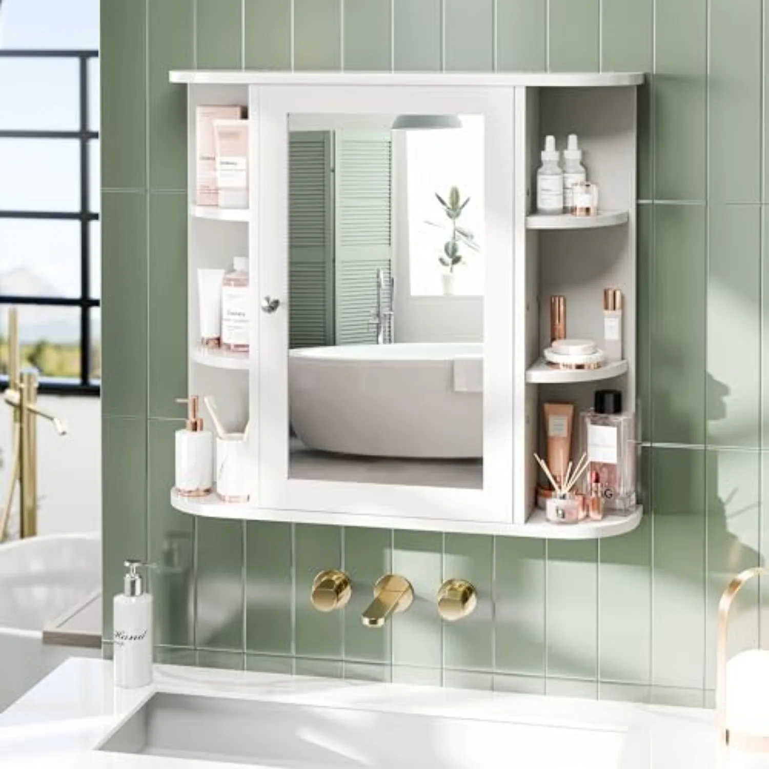 Bathroom Medicine Cabinet, Bathroom Mirror Cabinet Wall Mounted with 6 Side Open Shelves, White Wall Cabinet with view 2