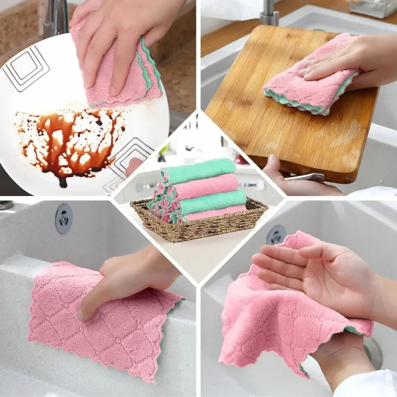 Super Absorbent Microfiber Towel Kitchen Cleaning Cloth Non-stick Oil Dishcloths Double Layer Washing Cloths Rags Scouring Pads