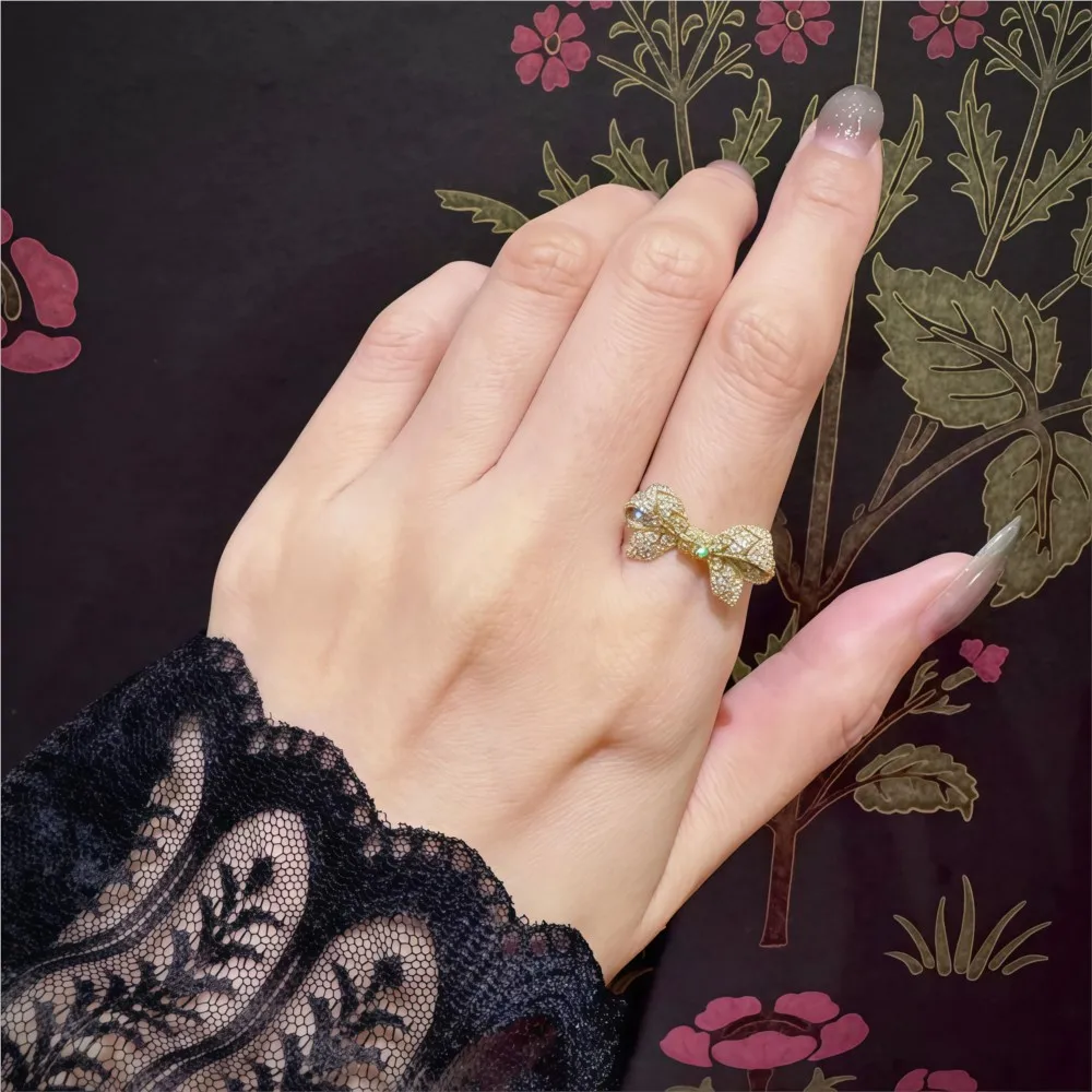 لامون الفاخرة Bowknot الجليد خارج الدائري للنساء رائعة فاخرة 925 فضة الذهب فيرميل الذكرى غرامة مجوهرات هدية