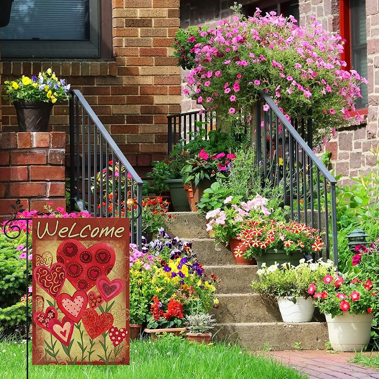 Welcome Valentine's Day Garden Flag, Love Heart Flower Seasonal Flag Double Sided, Valentine House Flag for Outdoor Holiday Anni