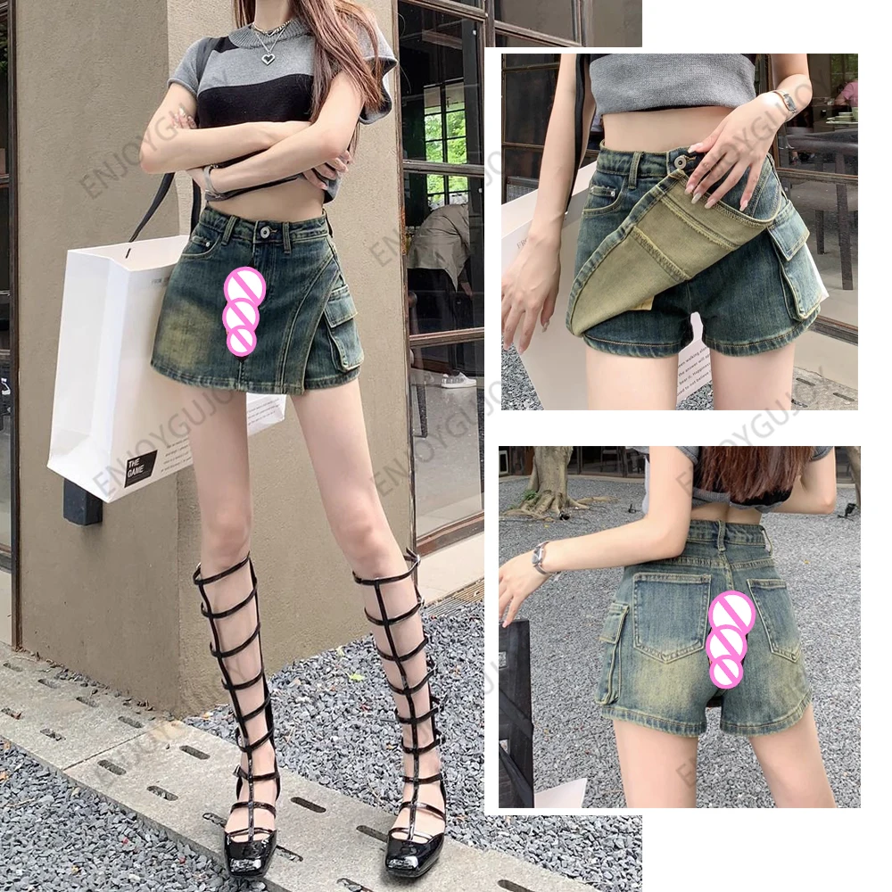 

Invisible Open Crotch Outdoor Sex Summer High Waist Irregular Denim Skirt Pants Women's Clothing Fashion Skirts Eroticism Shorts