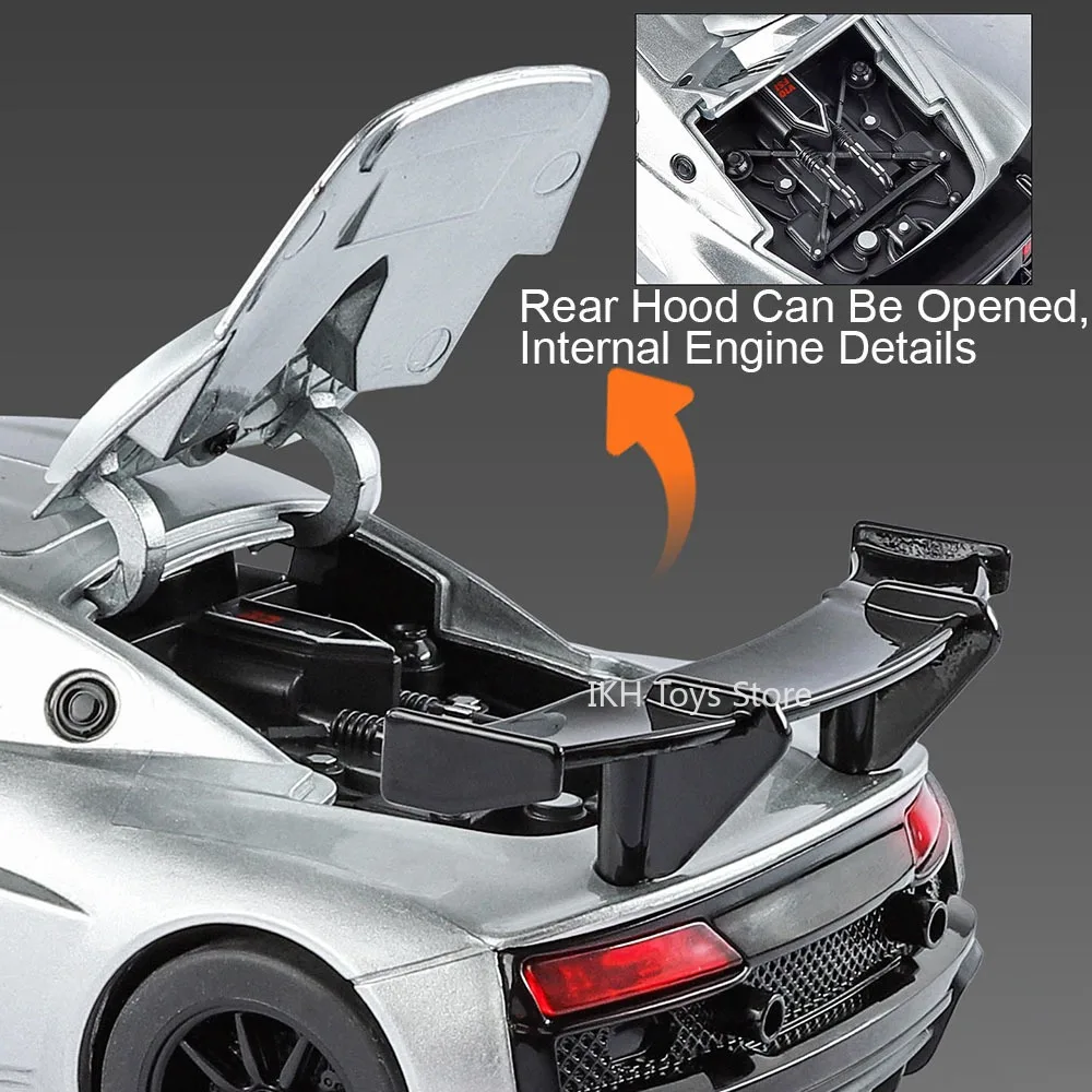 1:24 R8 LMS GT2 SLS coche deportivo modelos de juguete aleación Diecast sonido luz puertas abiertas tirar hacia atrás vehículos en miniatura para niños regalos
