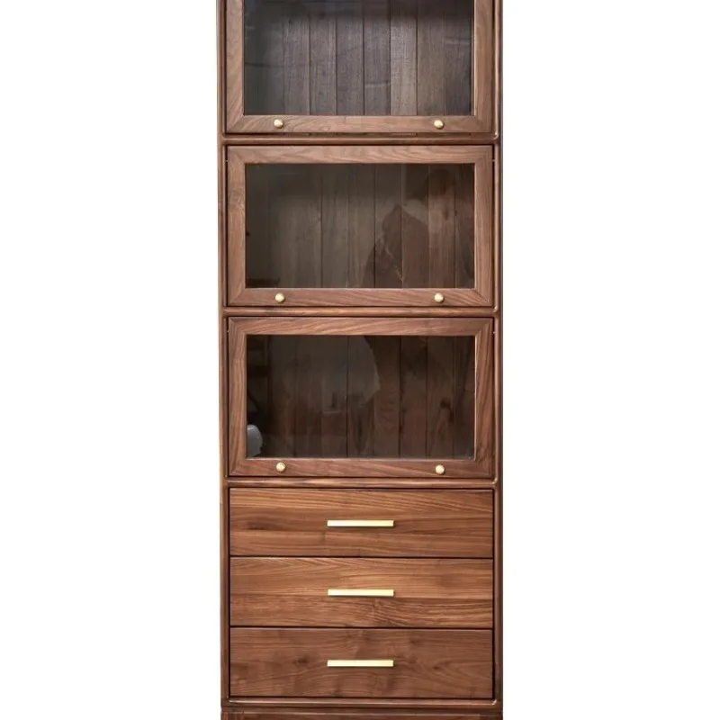 Nordic solid wood TV side cabinet, black walnut glass display cabinet, simple wine cabinet, sliding door bookcase
