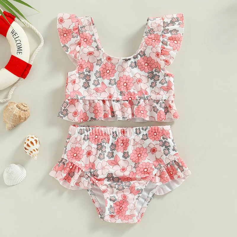 Fashion Toddler Kids Baby Girl Swimsuits 6M-3Y Floral/Cattle Print Ruffles Short Sleeve Crop Tops+Shorts Bathing Suits Beachwear