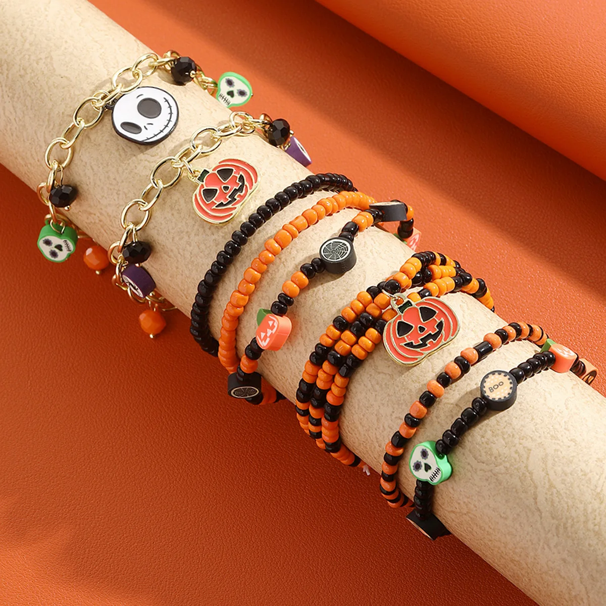 Bracelet Set Rice Pearl Orange Pumpkin Skull Pendant Halloween Bracelet