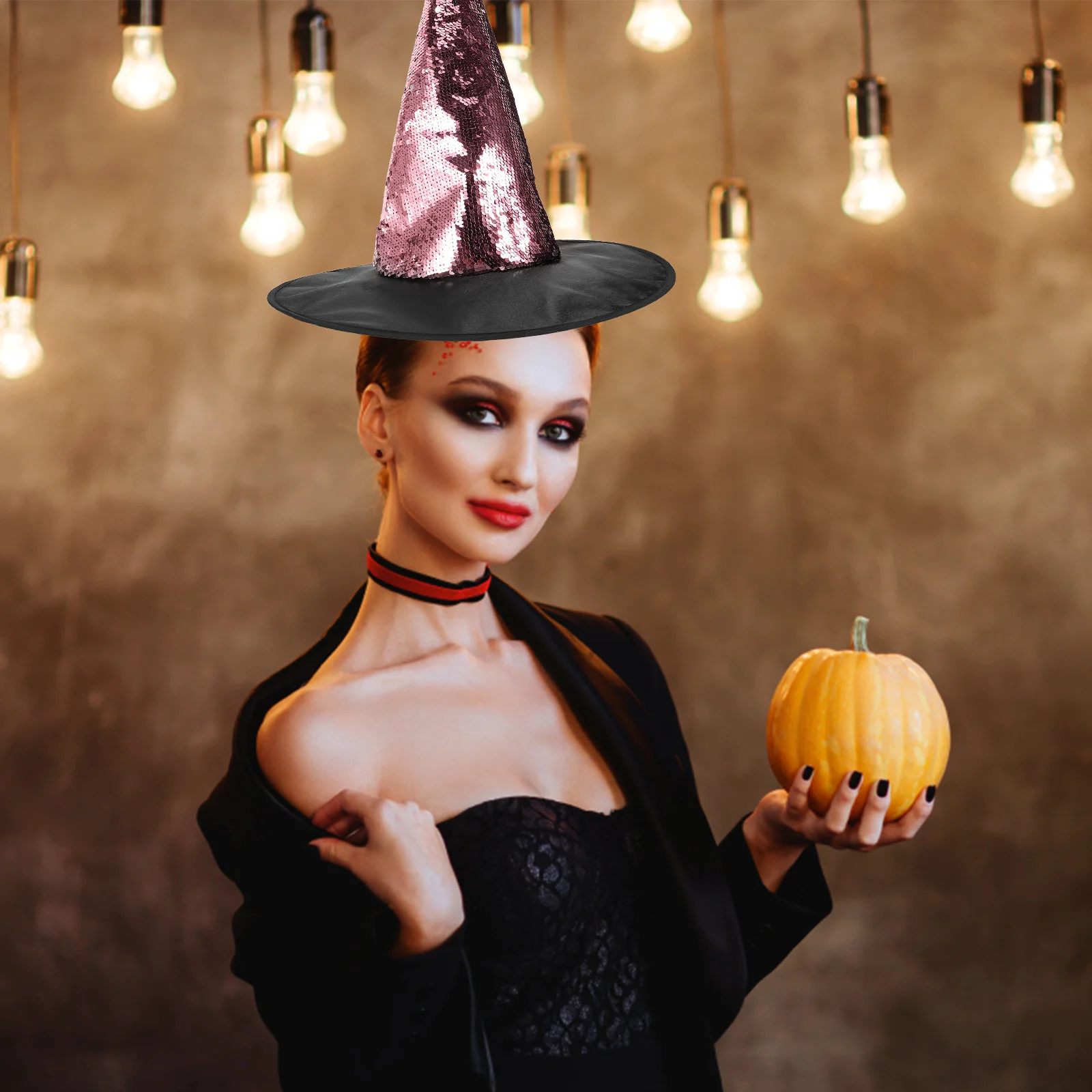 

Witch Hat Women Brown Sequin Glitter Halloween Party Masquerade Costume Accessories Witch Hat For Girl Headwear