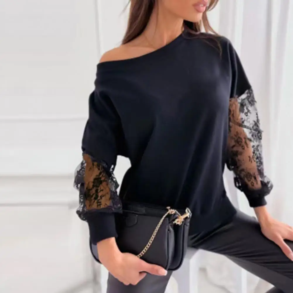 Solid Color Shirt Elegant Lace Patchwork One Shoulder Blouse with Flower Embroidery Women's Soft Pullover in Solid Color for Ol