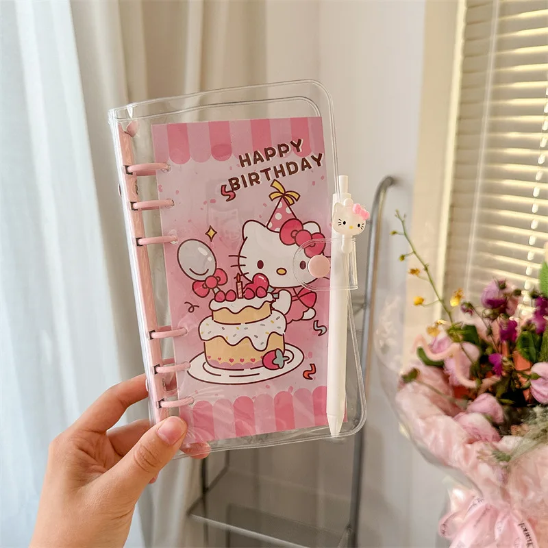 Sanrio Hello Kitty Notebook with Kt Pen Shell Student Cartoon 6 Holes Handbook Clip Anime Stationery Clip A6 Loose-leaf Folder