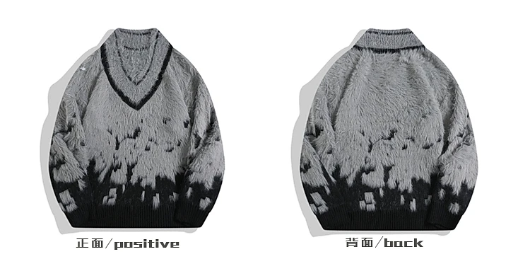 2025 Autumn Winter New Plush Gradient V-Neck Casual White Sweater Men's Street Fashion Loose Daily Gray Knitwear