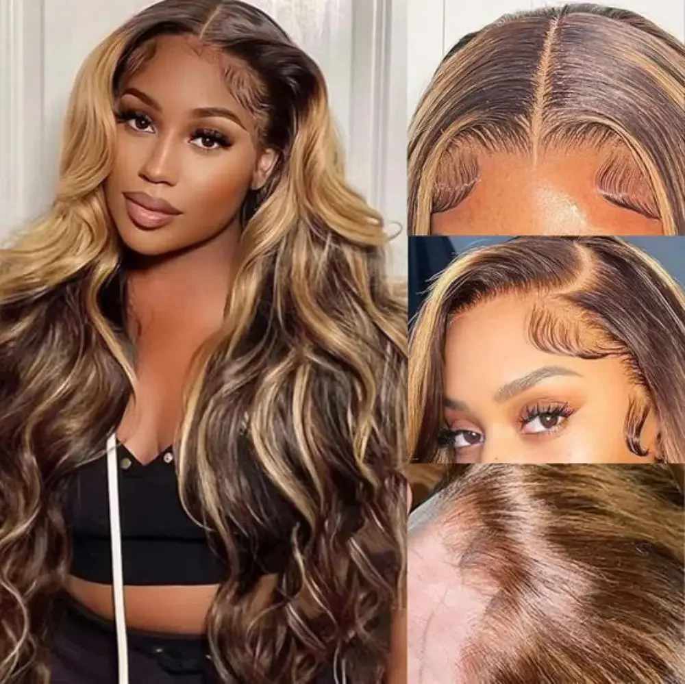 200 Density P4/27 13x4 13x6 Full Frontal Lace Prepluck Colored Body Wave Frontal Wig HD Transparent Lace Human Hair Wigs