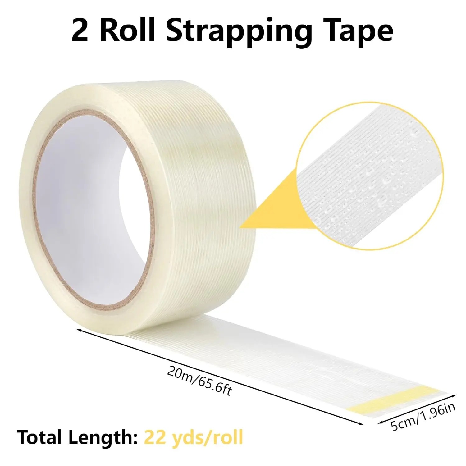 2 Roll Filament Strapping Tape, 5.9 mil x 2 in x 22 yds Reinforced Packing Tape, Heavy Duty Packaging Fiberglass Shipping Tape