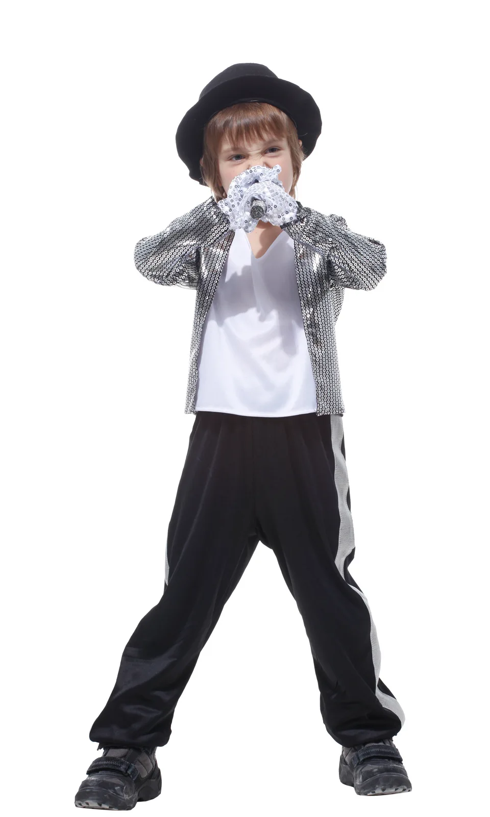 Kinder Pailletten-Tanzkostüm 6-teilig Sänger-Auftrittsoutfit Glitzer-Jacke Hose Hut Handschuhe Sonnenbrille Halloween Bühnen-Cosplay-Anzug – Detail 3