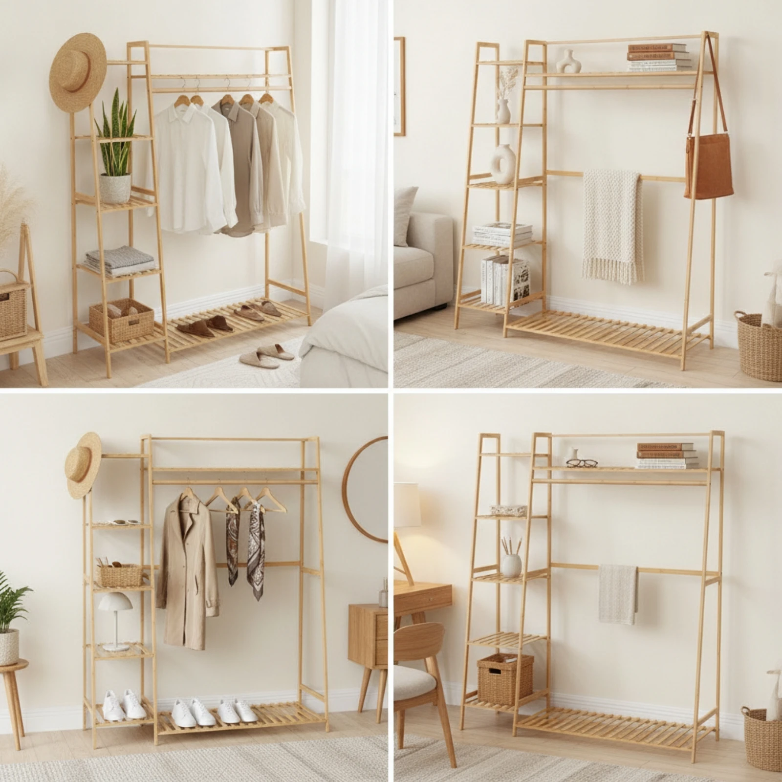 Bamboo Clothing Rack with Shelves Modern Freestanding Garment Rack with Shelves Furniture Wood for Bedroom, Walk-in Closet view 6