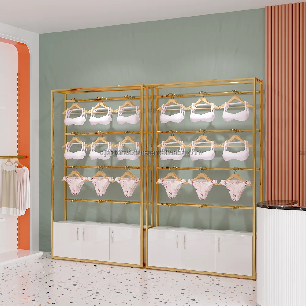 Vitrina de exhibición de ropa interior de montaje en pared, muebles de exhibición de tienda de lencería de acero inoxidable, soporte de exhibición de ropa interior para mujer
