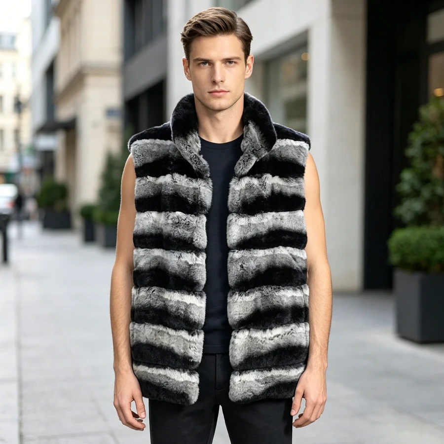 Real Fur Vest Fur Coat Men Real Rex Rabbit Fur Coat Winter Chinchilla Colored Outwear High Quality Plus Size Coat