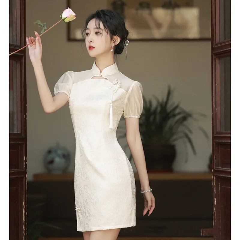 

Women Beige Chinese Style Cheongsam High-end Handmade Button Short Dress Elegant Slim Vintage Dresses Sexy Qipao S to XXL