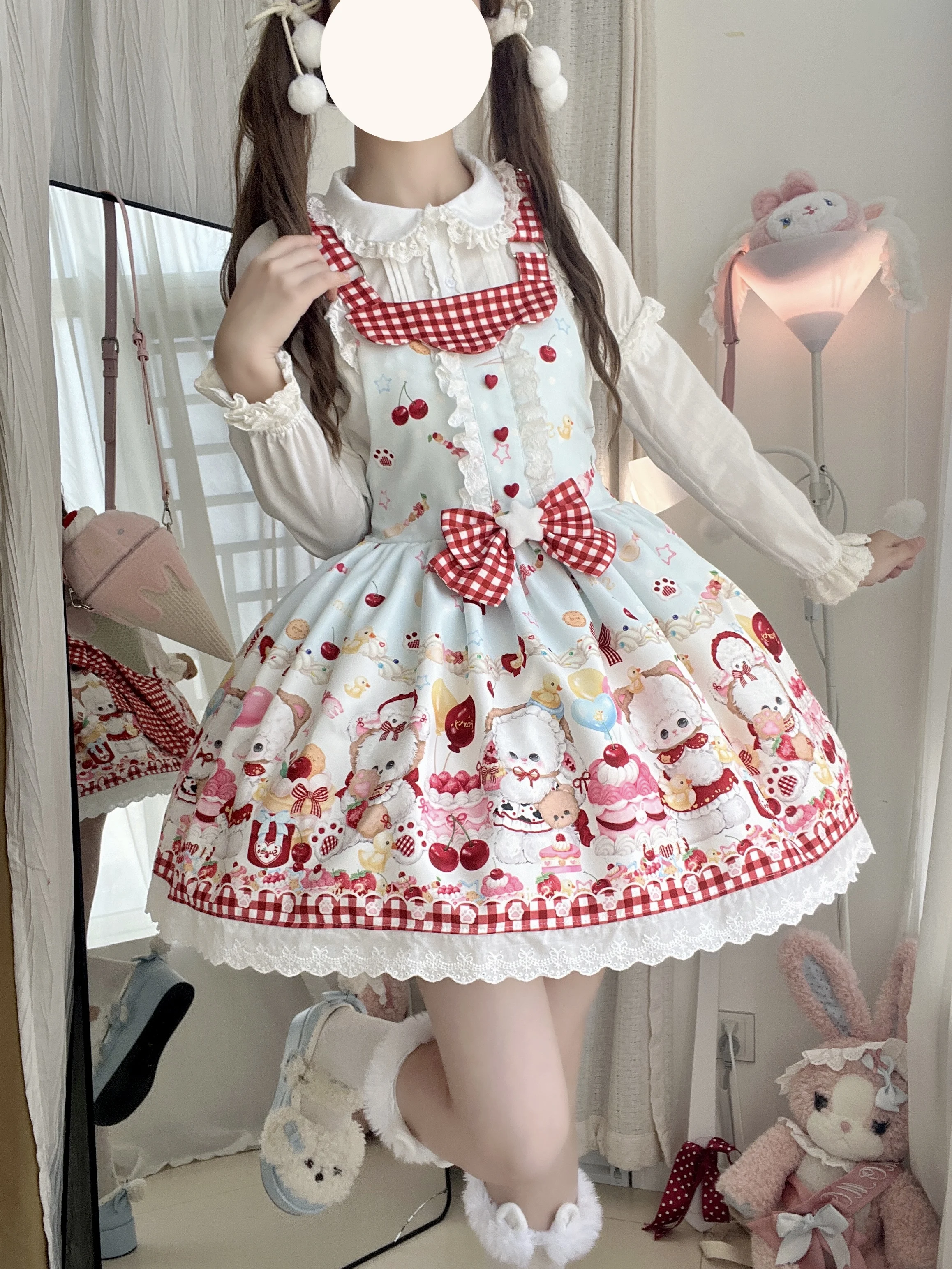 Lolita Oryginalna Autentyczna Urocza Sukienka JSK na Ramiączkach Damska Lolita Codzienna Uniwersalna Wiosenna Słodka Sukienka w Kratę na Lato