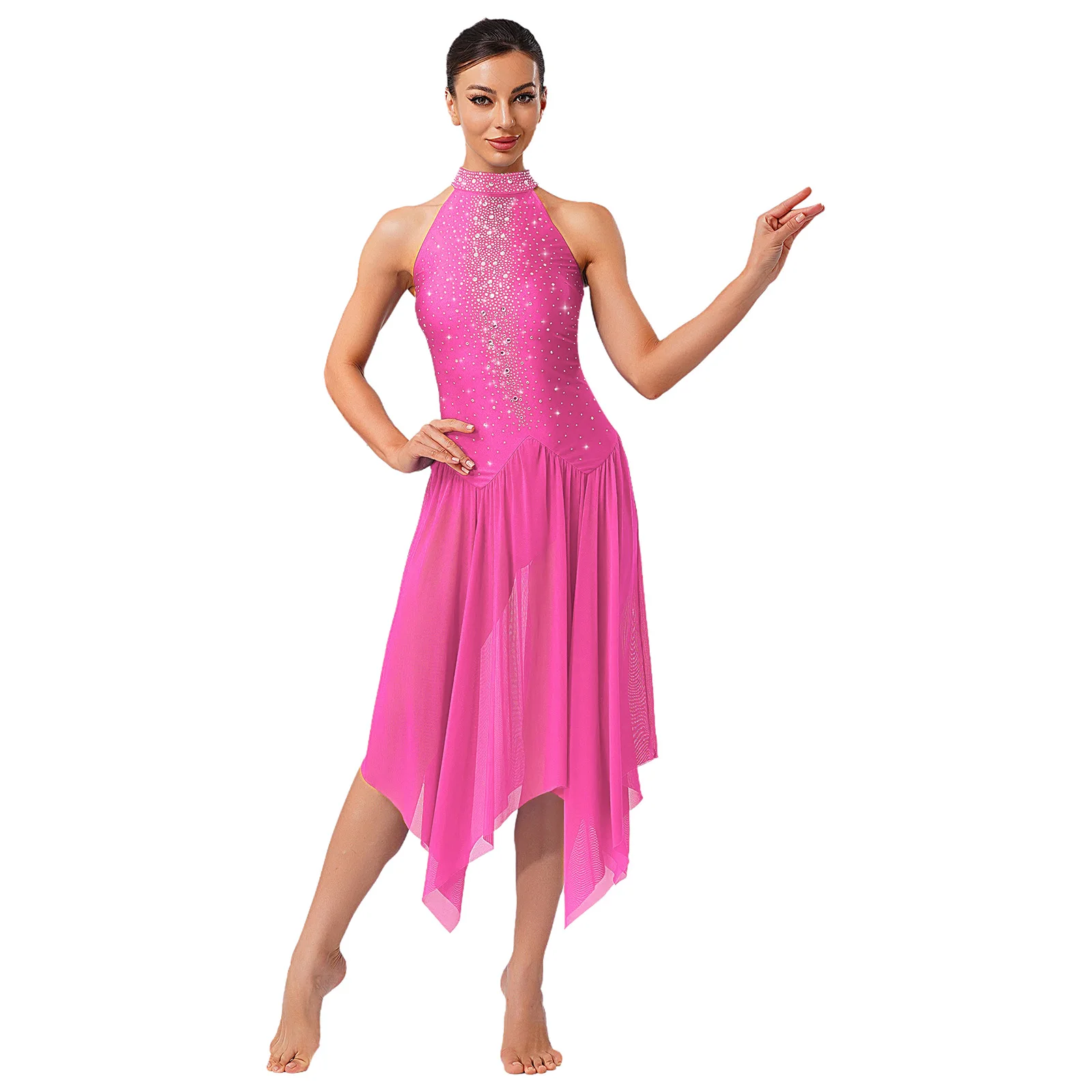 

Womens Lyrical Dance Dress Glittery Back Hollow Out Irregular Hem One Piece Leotard Dress Figure Skating Gymnastics Active Wear