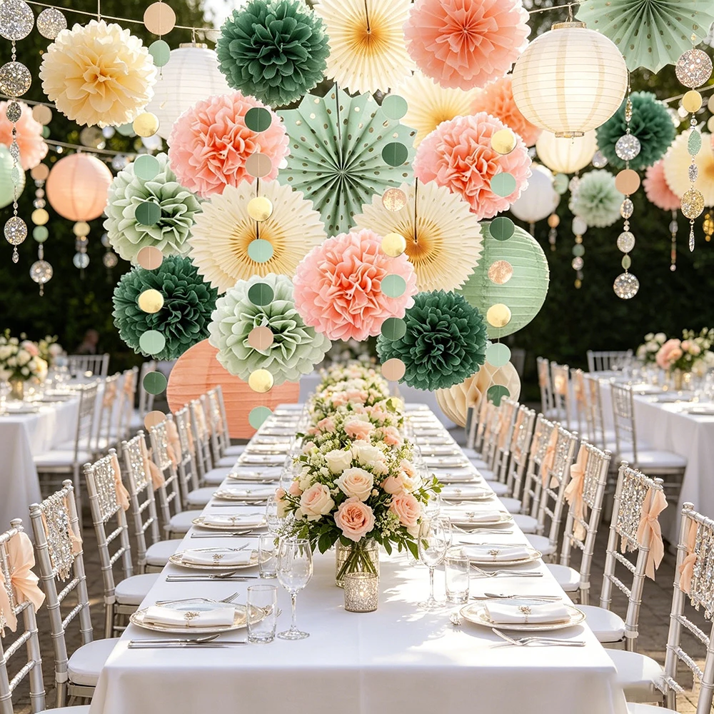 

Sage Green Paper Lantern Fans and Pom Poms Flowers Hanging Decorations for Wedding Party Birthday Bridal Shower Valentine's Day