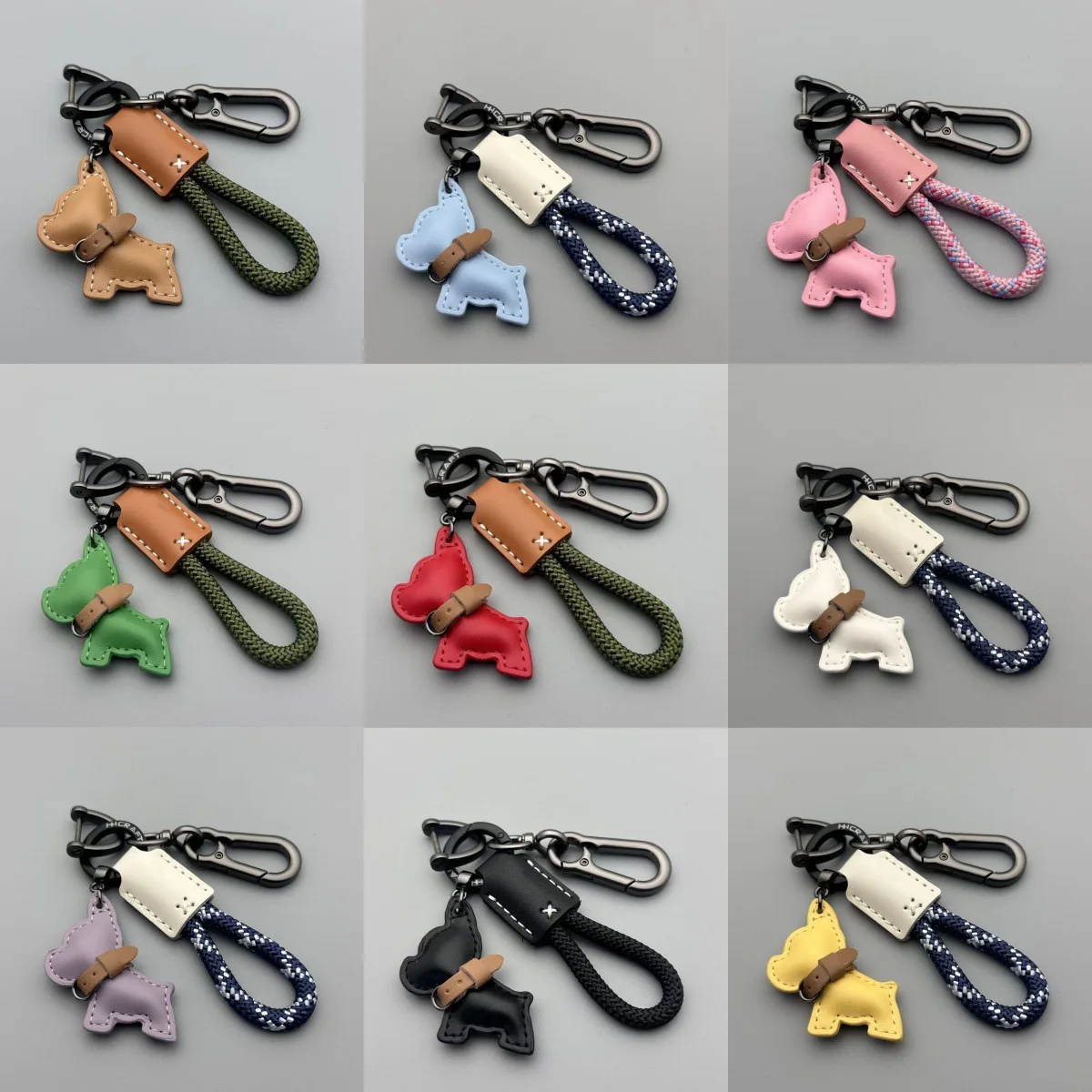 New Cartoon Cute French Fighting Dog Keychain Pendant Car Keychain Ring Leather Hand Woven Rope Bag Pendant