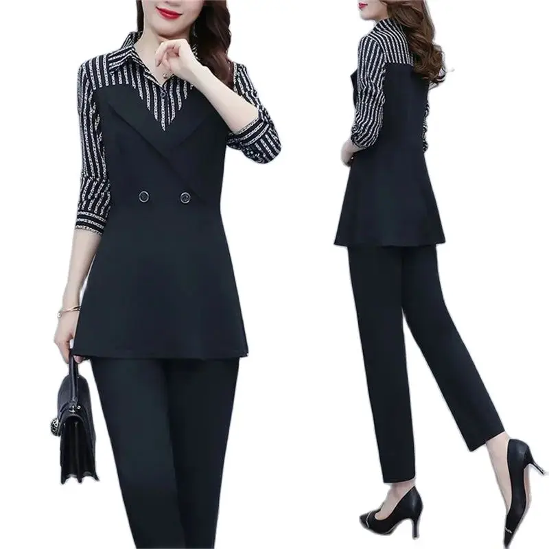 Women Spring Suit Female 2022 New Top Striped Stitching Shirt And Casual Pant Professional Two-Piece Temperament Ladies Sets