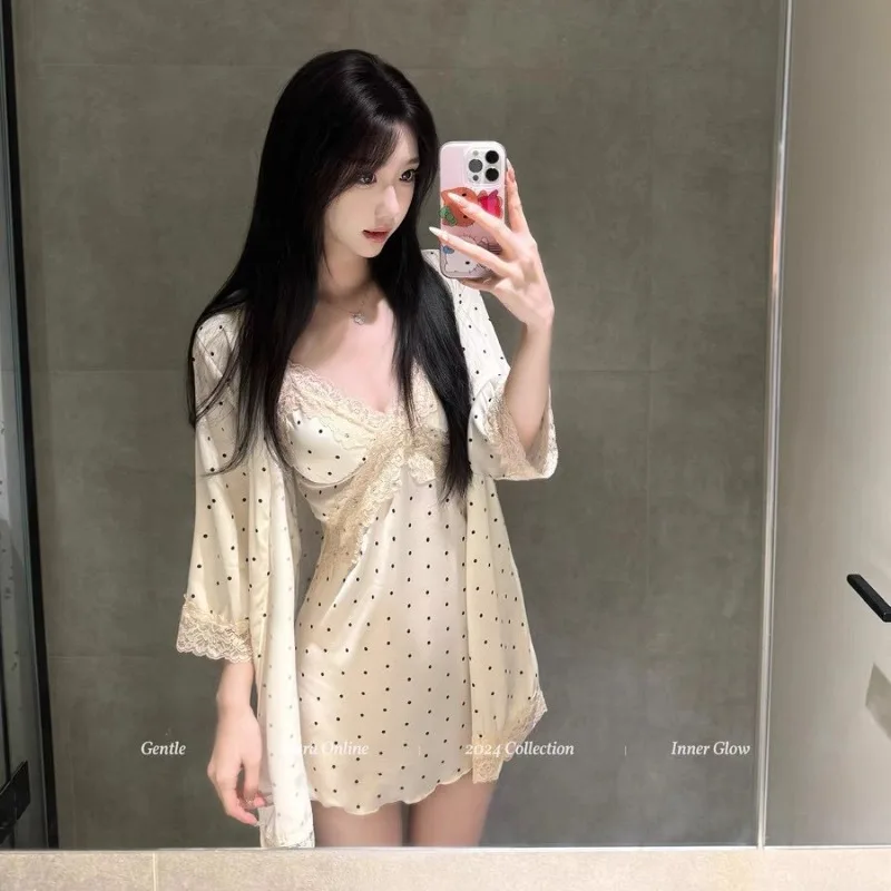 Cute Dress Sexy Charming Pointed Collar Suspender Nightgown for Women Summer Satin Fabric V-neck Lace Pajama Set for Home Wear