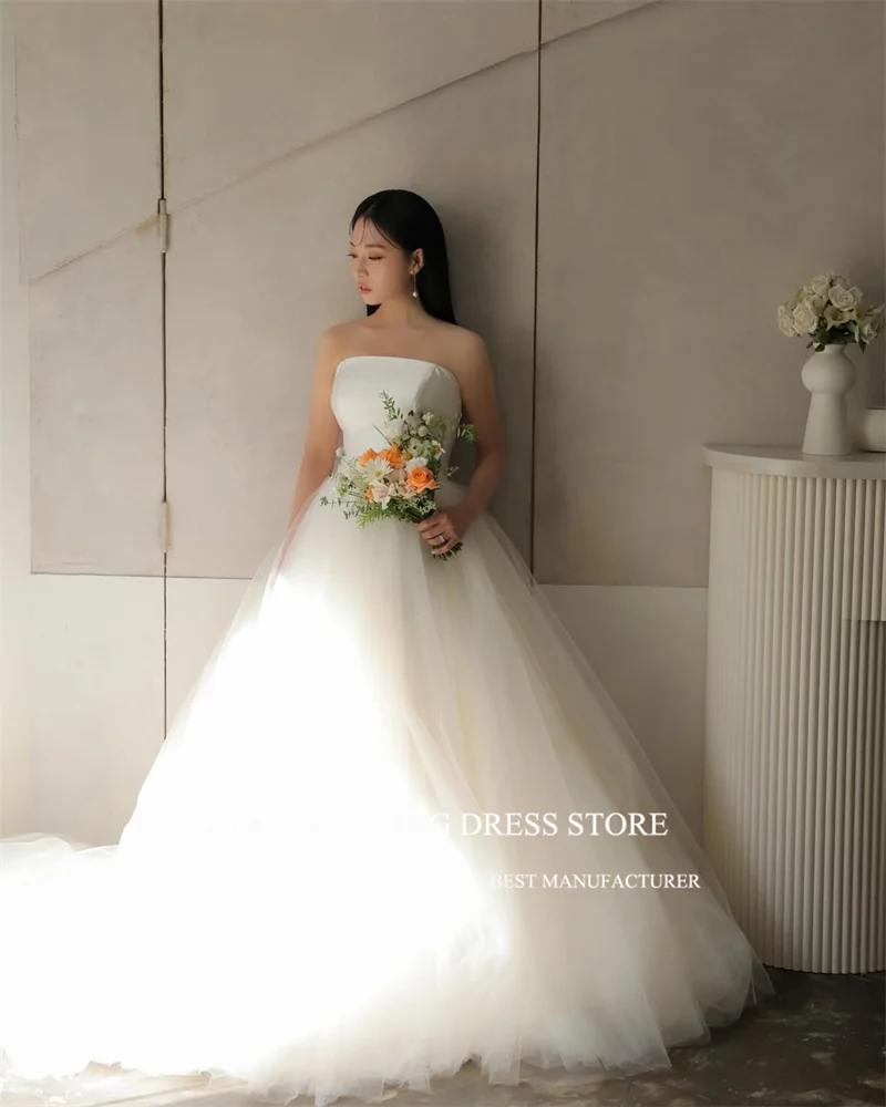 XPAY  Simple A Line Tulle Korea Wedding Dresses Photo shoot Bolero Strapless Tulle Princess Bridal Gowns C