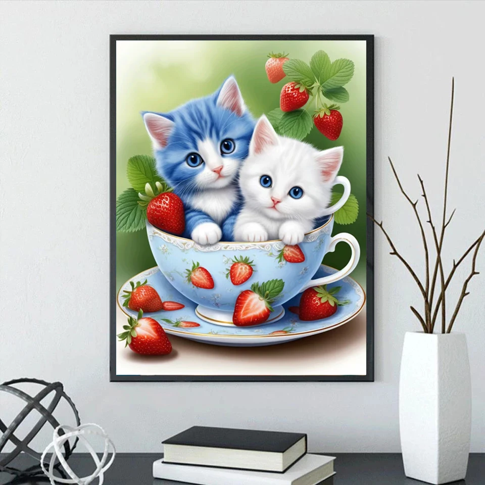 Full Mosaic Diamond Painting 2024 New Tea Cup Cat Strawberry Diamond Embroidery Cute Animals DIY 5D Cross Stitch Kits Home Decor