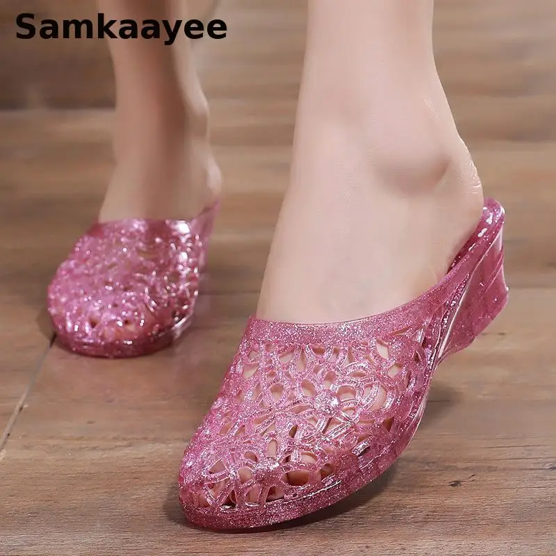 

36-40 Women Slippers Summer Wedges Sandals Transparent Crystal Shoes Female Hollow Out Flip Flops Thick-soled Anti-slip Footwear