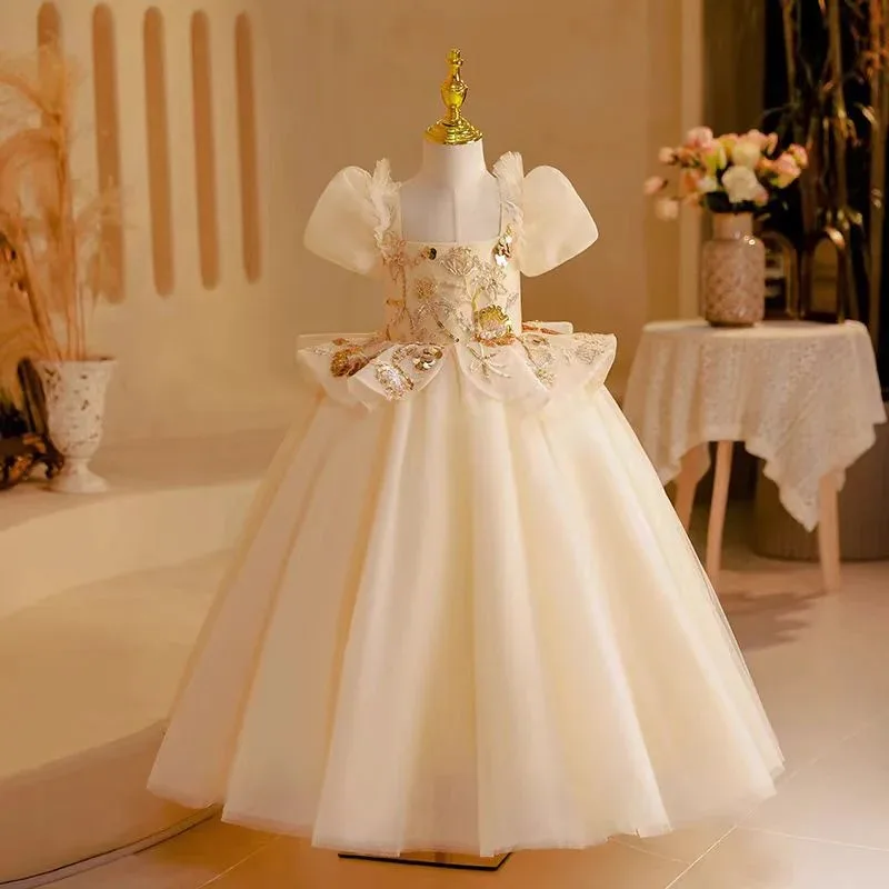 

Customized children's wedding dress elegant satin sleeveless three-dimensional flower flower girl dress 2025 first communion dre