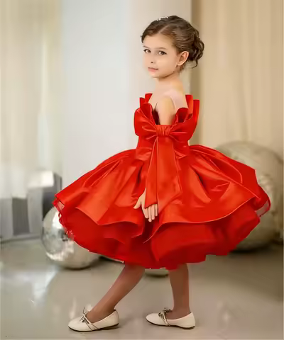 Lovely Flower Girl Wedding Dress Satin Fluffy Evening Ball Banquet Gown Off Shoulder with Bow Baby Girls Birthday Party Dress