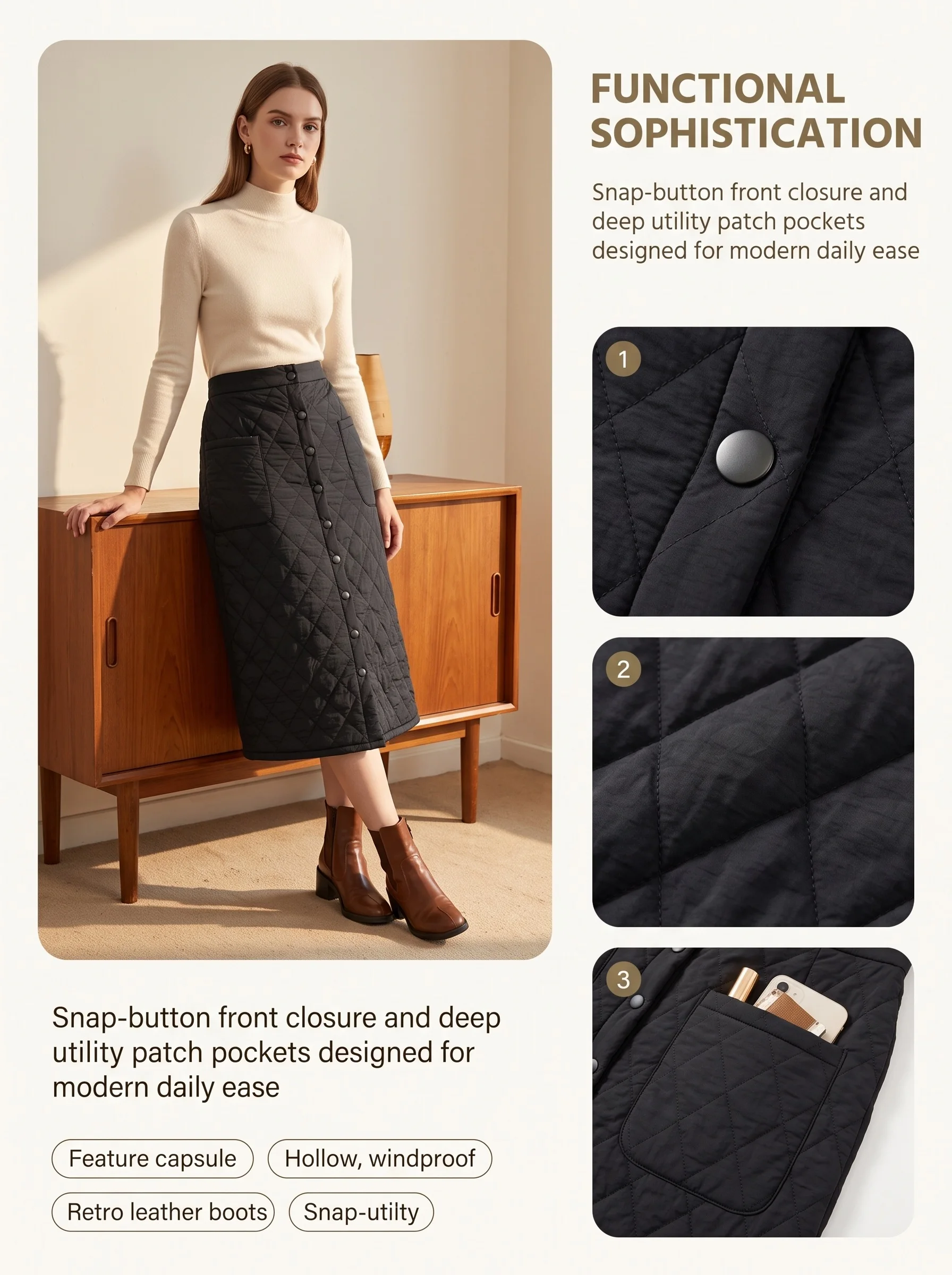 Damen-Midirock mit Diamantmuster, Winter-Warmer, einreihiger, gerader Rock mit Taschen – Detail 5