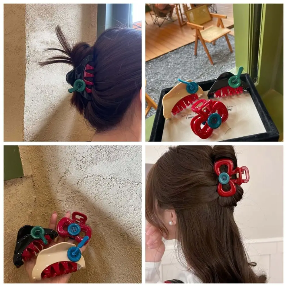 Korean Style Button Hair Claw Fashion Design Shark Clamp Bow Hair Clip Ponytail Hairpin Hair Accessories Acrylic Hair Claw Kids