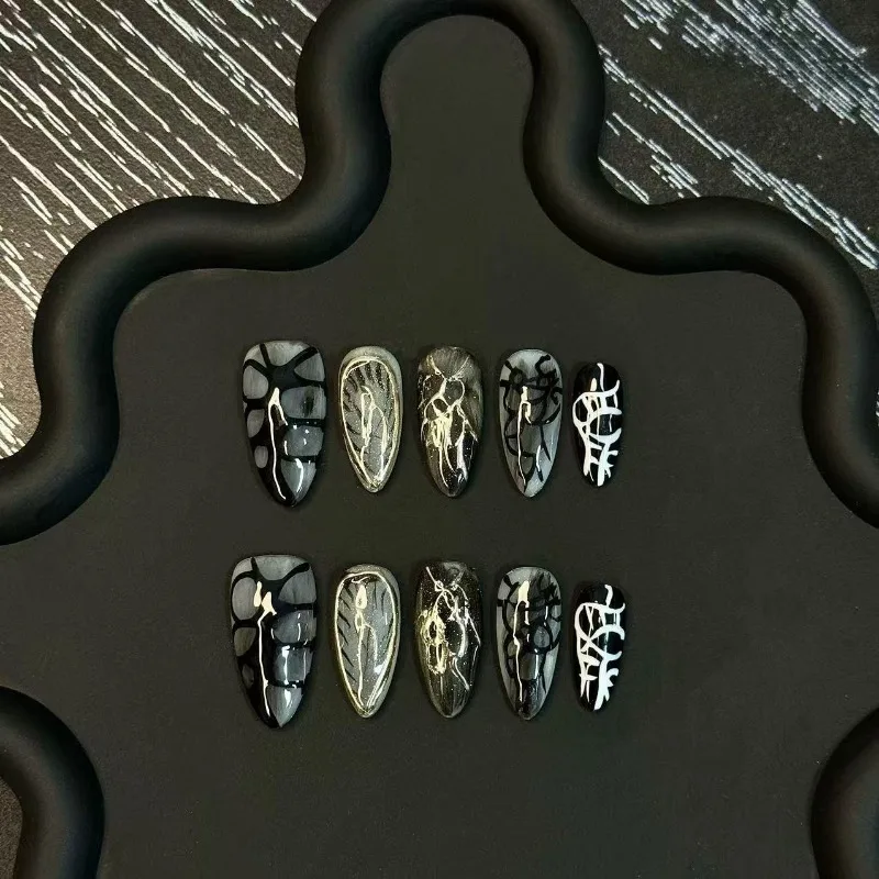 

10PCS Almond Hot Girl Press on Nails Chrome Crocodile Print Hand Painted Design Instagram Trendy False Nails Handmade Fake Nails