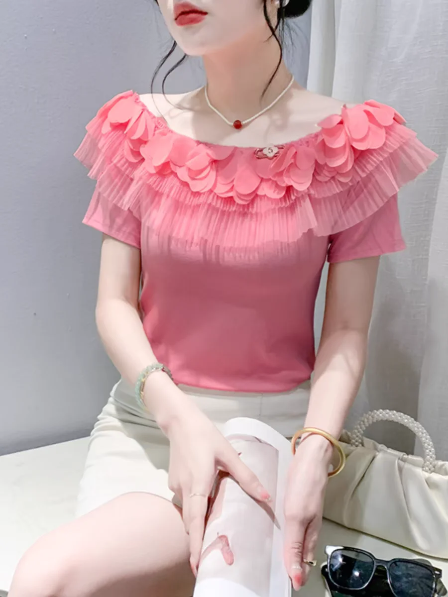 2024 Summer Short Sleeve Cotton T Shirts Girl Patched Ruffles Mesh Slash Neck Stretchy Tee Tshirt Women Slim Tops