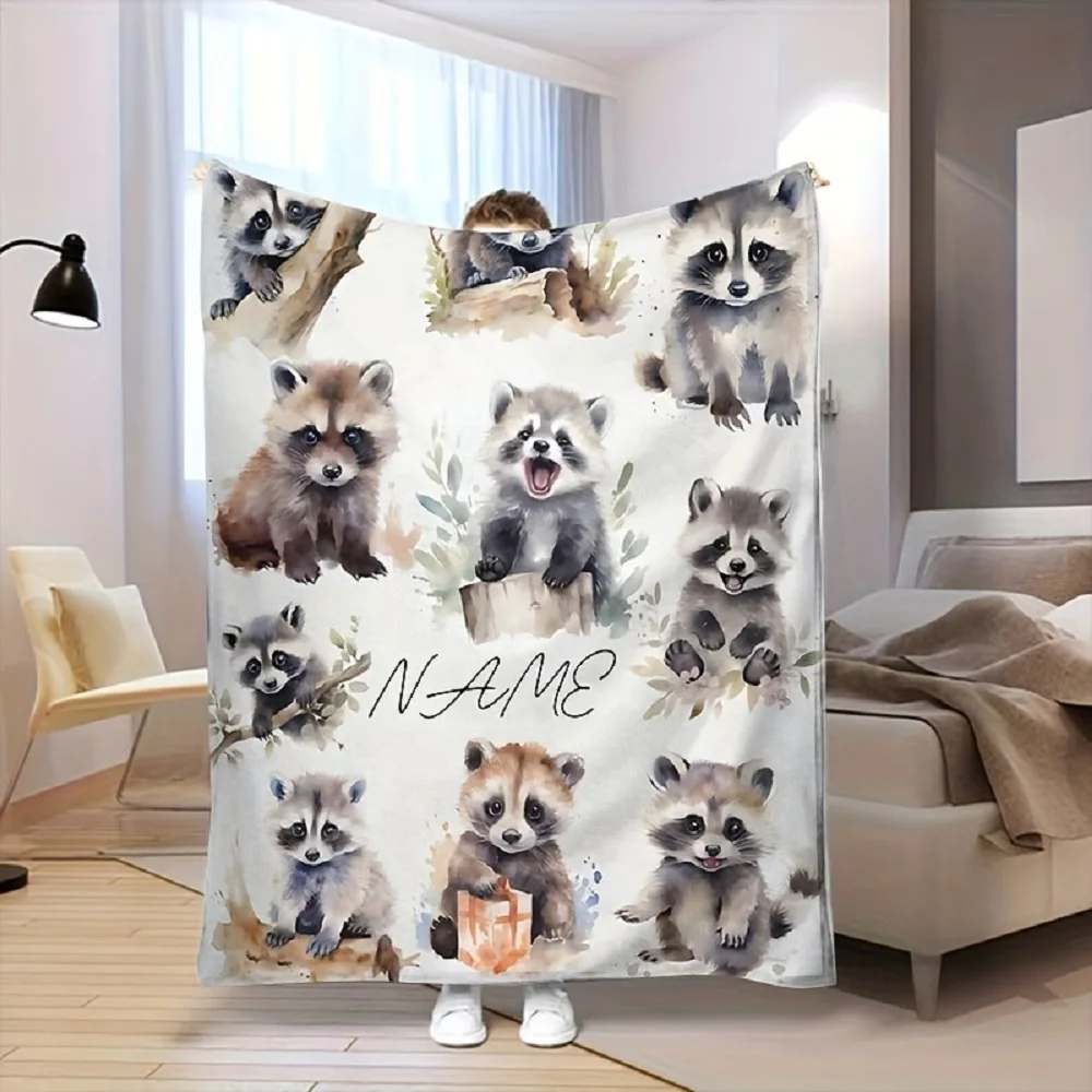 1 Stück personalisierte Waschbärdecke mit individuellem Namen, gemütliche Flanell-Waschbärdecke, weicher, warmer Überwurf mit Aquarell-Waldtier-Design