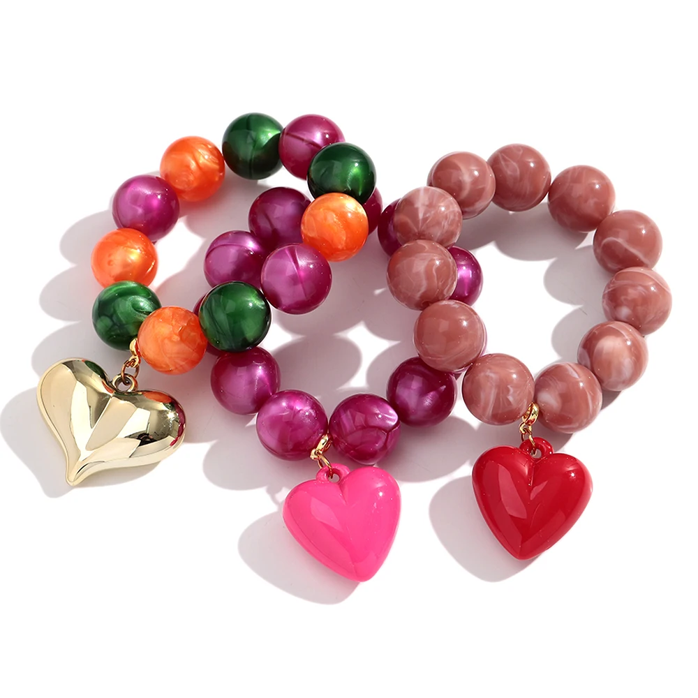 Boho Bunte Runde Perlen Herz-Anhänger Elastische Armbänder Mode Geometrische Perlenarmband Damen Schmuck Geschenke – Detail 3