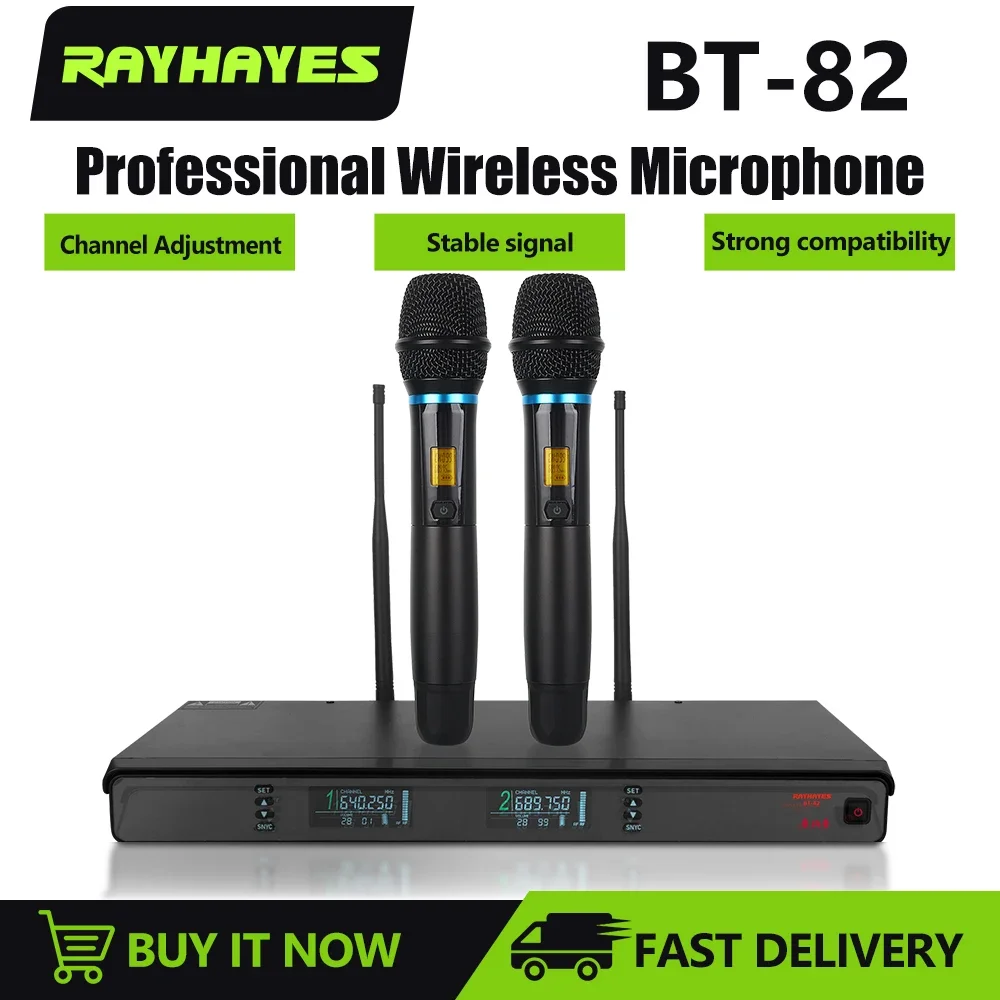 

RAYHAYES BT-82 Professional Wireless Microphone System Dual Channel UHF Dynamic Handheld Karaoke Mic with Rechargeable Receiver