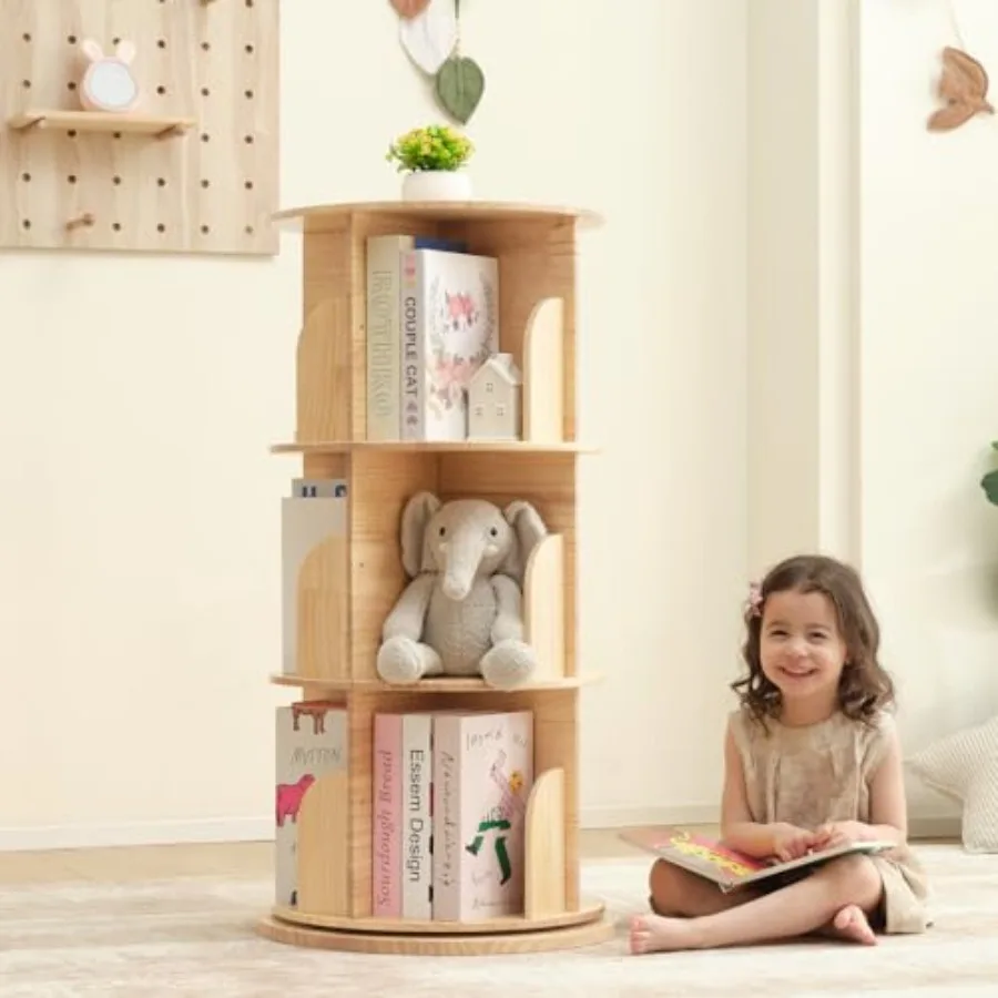 3 Tier Rotating Bookshelf Tower for'Room, Solid Wood, Natural Finish, Space-Saving Smooth 360 Rotation