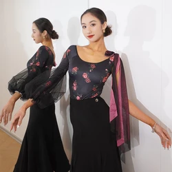 2024 Ballroom Dance Clothes Women Performance Tops Mesh Puff Sleeves Flower Waltz Dance Costume Rmba Latin Dance Wear BL11303
