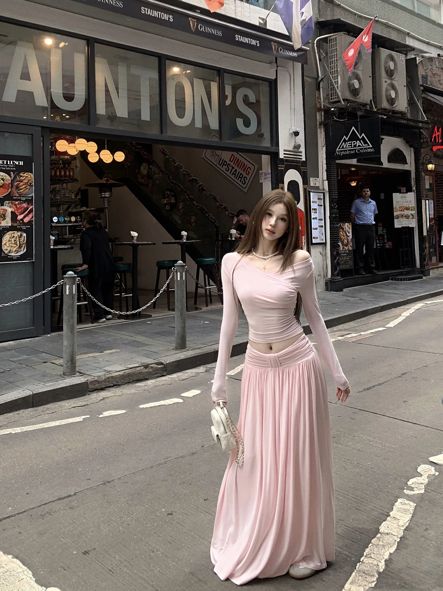 

Annie Holiday Spring Long A-Line Skirt Set Women's Slim Fit T-irt ter Ne Gauze Sle Two-Piece Suit Casual Wear