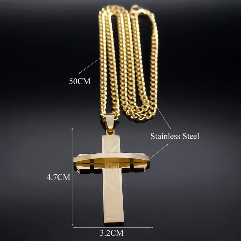 Hip Hop Spanish Lord's Prayer Cross Necklace for Women Men Gold Color Stainless Steel Bible Verse Chain collar hombre N6207GD